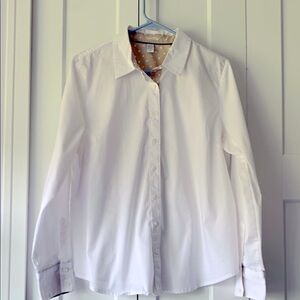 Izod Women’s XL White Cotton w Polka Dot Button Down Shirt Preppy Business Crisp